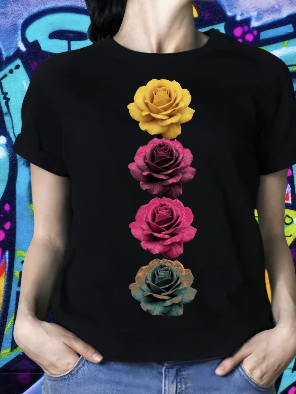 Luxury Black Neon Vertical Roses Floral Streetwear Graphic Tee